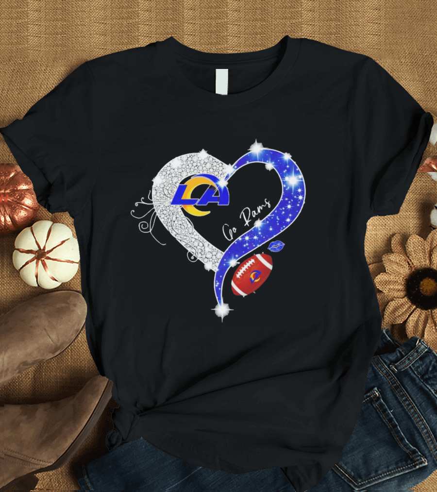 Los Angeles Rams Heart Go Rams Diamond Sparkle Football T-Shirt