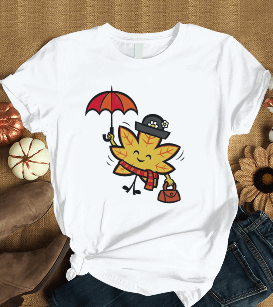 Mary Autumn Leaf with Umbrella and Bag T-Shirt