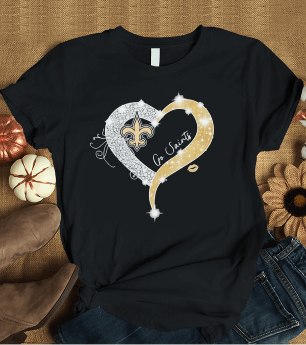 T-Shirt: New Orleans Saints Go Saints Fleur-de-Lis Diamond Heart with Gold Sparkle T-Shirt New Orleans Saints Go Saints Fleur-de-Lis Diamond Heart with Gold Sparkle T-Shirt