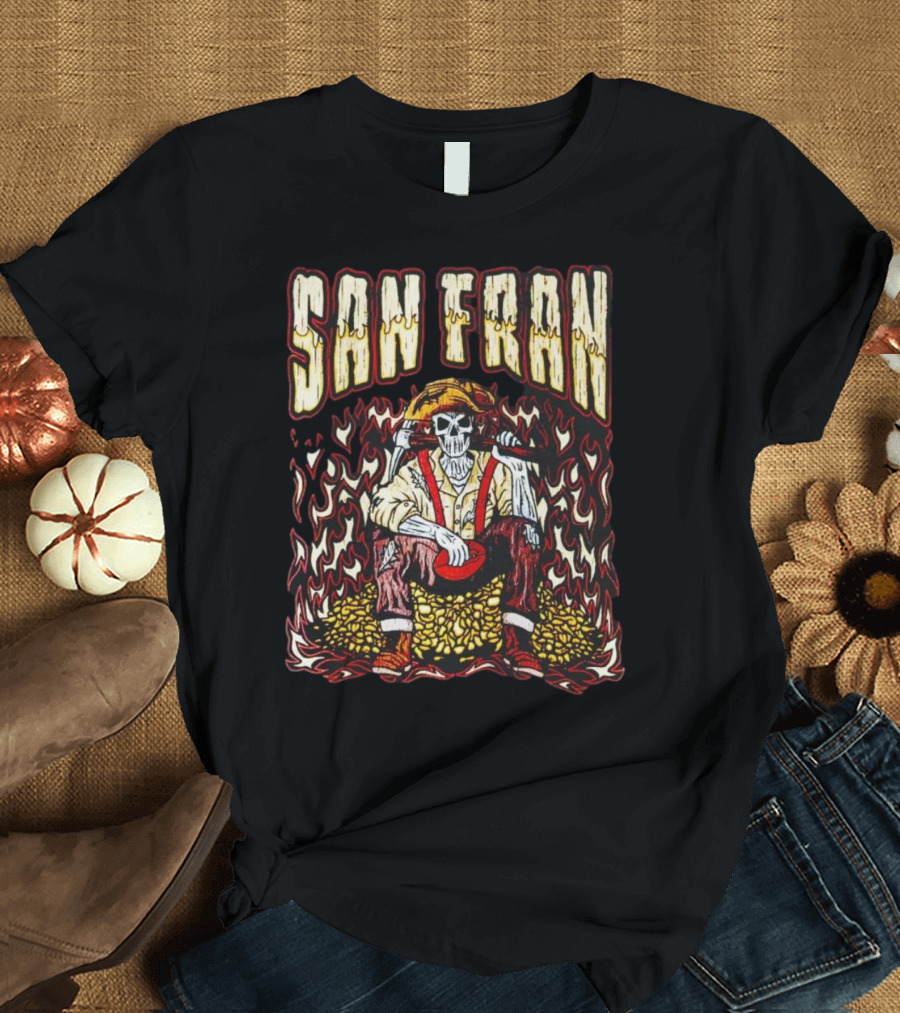 San Fran Skeleton Sitting Amidst Flames and Gold T-Shirt
