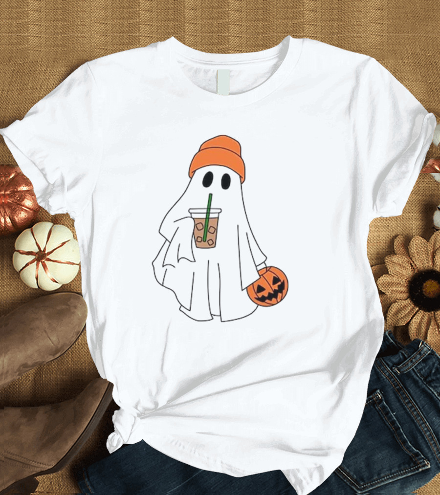Cute Ghost Drinking Ice Coffee with Pumpkin Hat T-Shirt