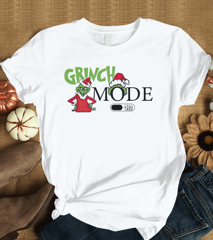 Grinch Mode On with Red Santa Hat and Grinch Drawing T-Shirt