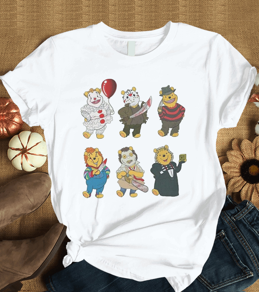 Pooh Bear Halloween Horror Characters Pennywise Jason Freddy Chucky Leatherface Pinhead T-Shirt