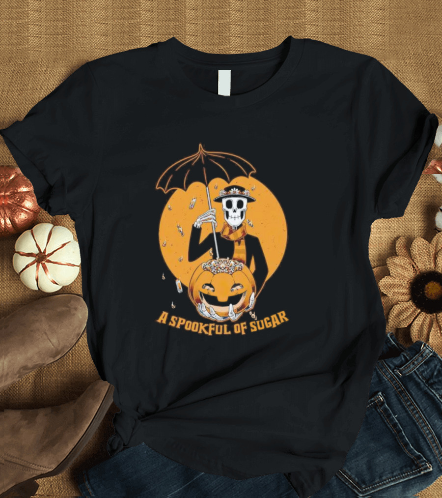 A Spookful of Sugar Skeleton with Umbrella and Pumpkin Halloween T-Shirt