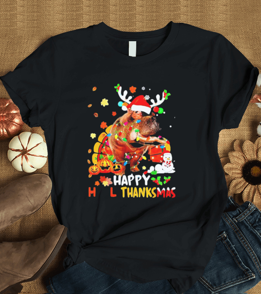 Happy Hallothanksmas Santa Hippopotamus Pumpkin Snowman T-Shirt
