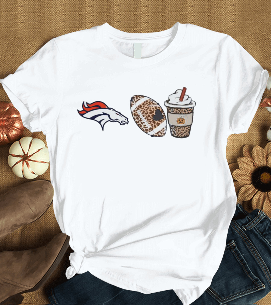 Denver Broncos Fall Season Leopard Theme with Football and Pumpkin Spice Latte T-Shirt