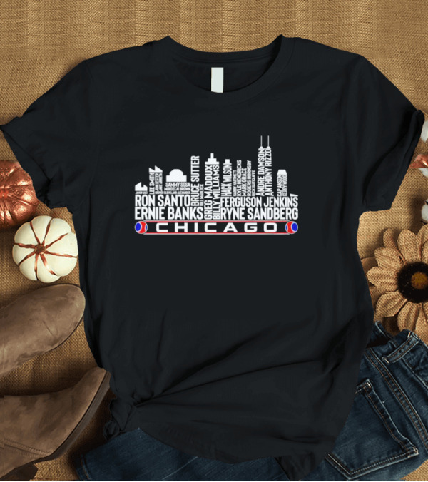 T-Shirt: Chicago Baseball Legends Skyline Ron Santo Ernie Banks Ryne Sandberg Anthony Rizzo T-Shirt Chicago Baseball Legends Skyline Ron Santo Ernie Banks Ryne Sandberg Anthony Rizzo T-Shirt