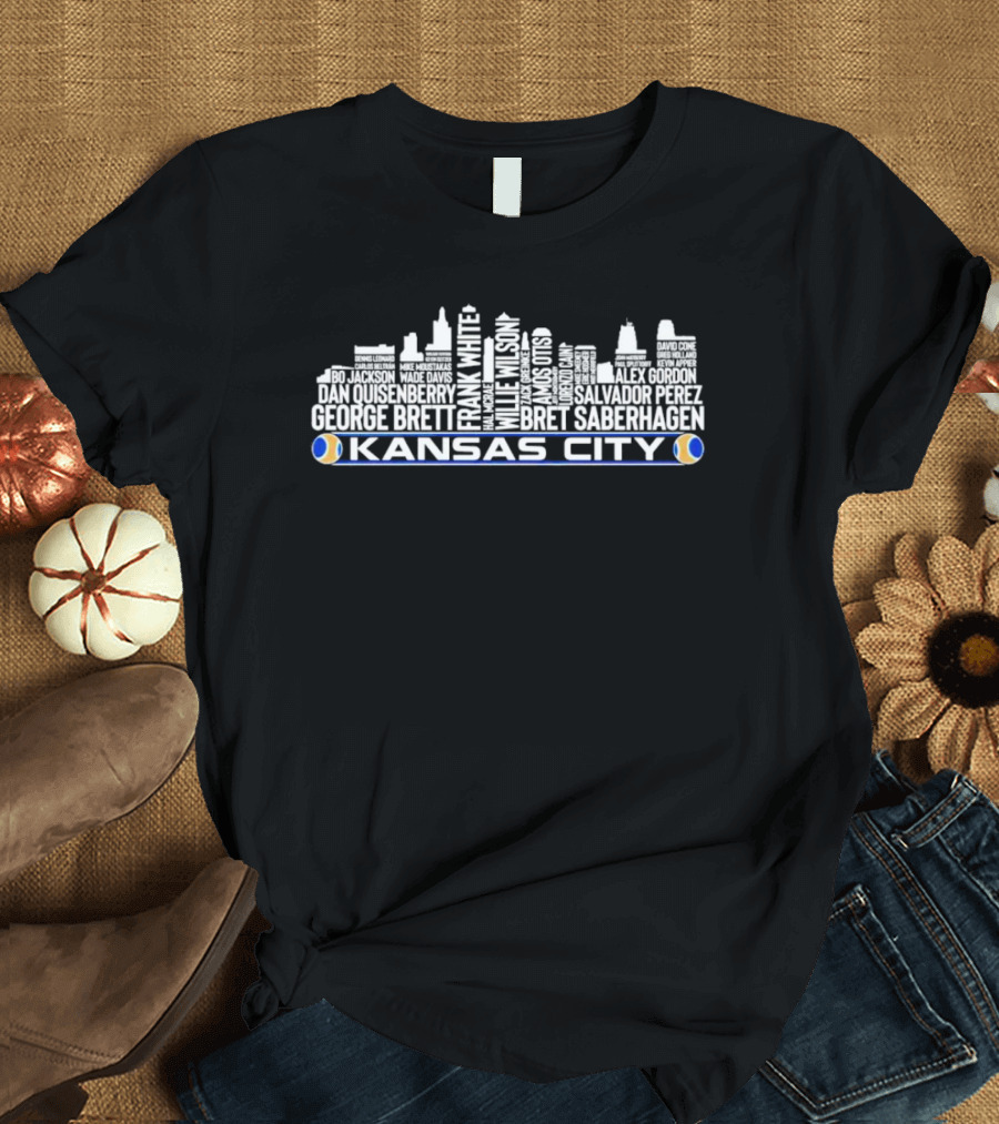 Kansas City Skyline Frank White Willie Wilson Salvador Perez Alex Gordon George Brett Bo Jackson Names T-Shirt