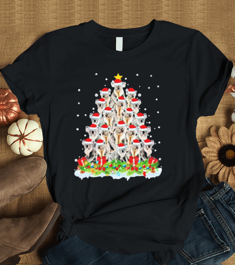 Koala Christmas Tree with Santa Hats Snowflakes and Gifts T-Shirt