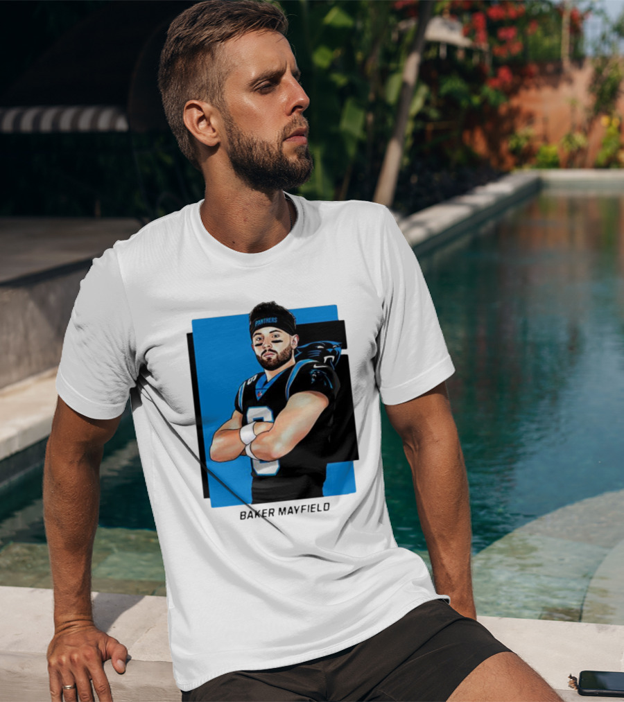 Carolina Panthers Baker Mayfield Artwork With Team Uniform T-Shirt