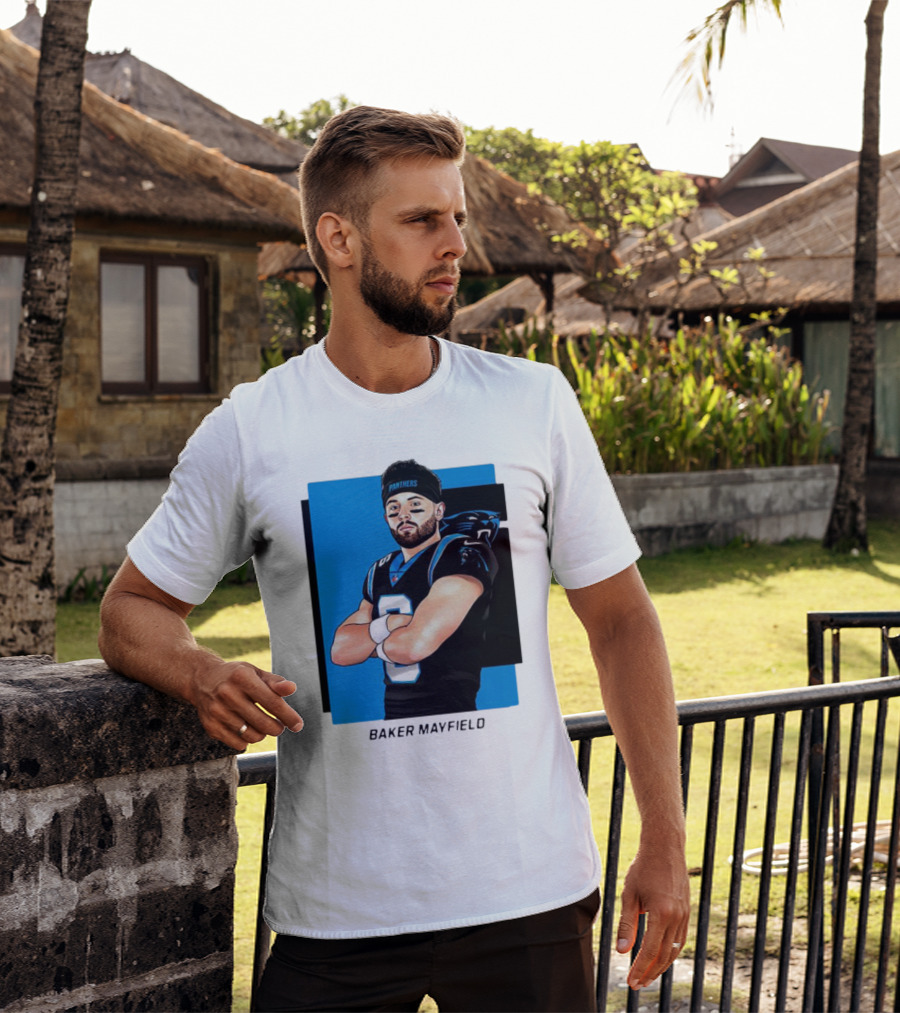 Carolina Panthers Baker Mayfield Artwork With Team Uniform T-Shirt