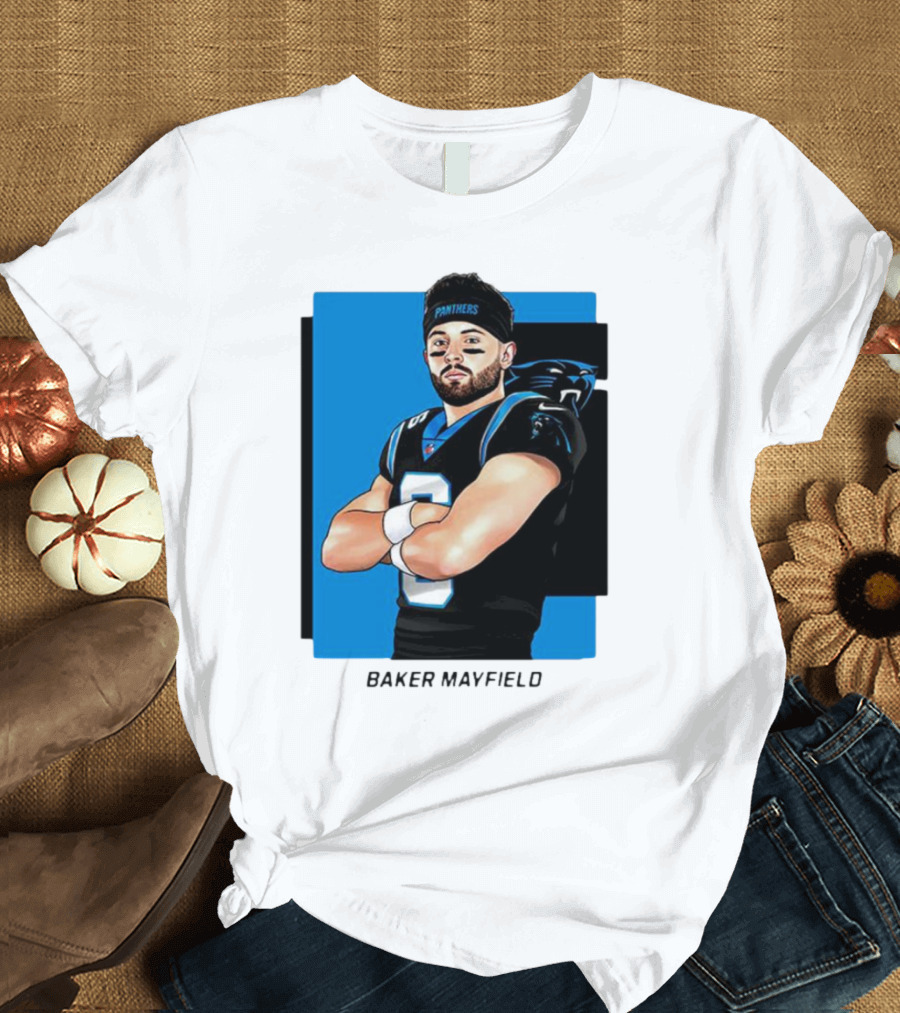 Carolina Panthers Baker Mayfield Artwork With Team Uniform T-Shirt