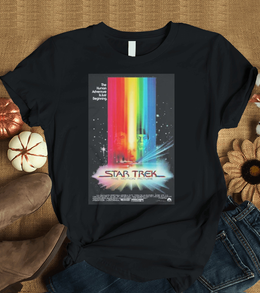 Star Trek The Motion Picture The Human Adventure Is Just Beginning Colorful Light Beams and Starry Background T-Shirt