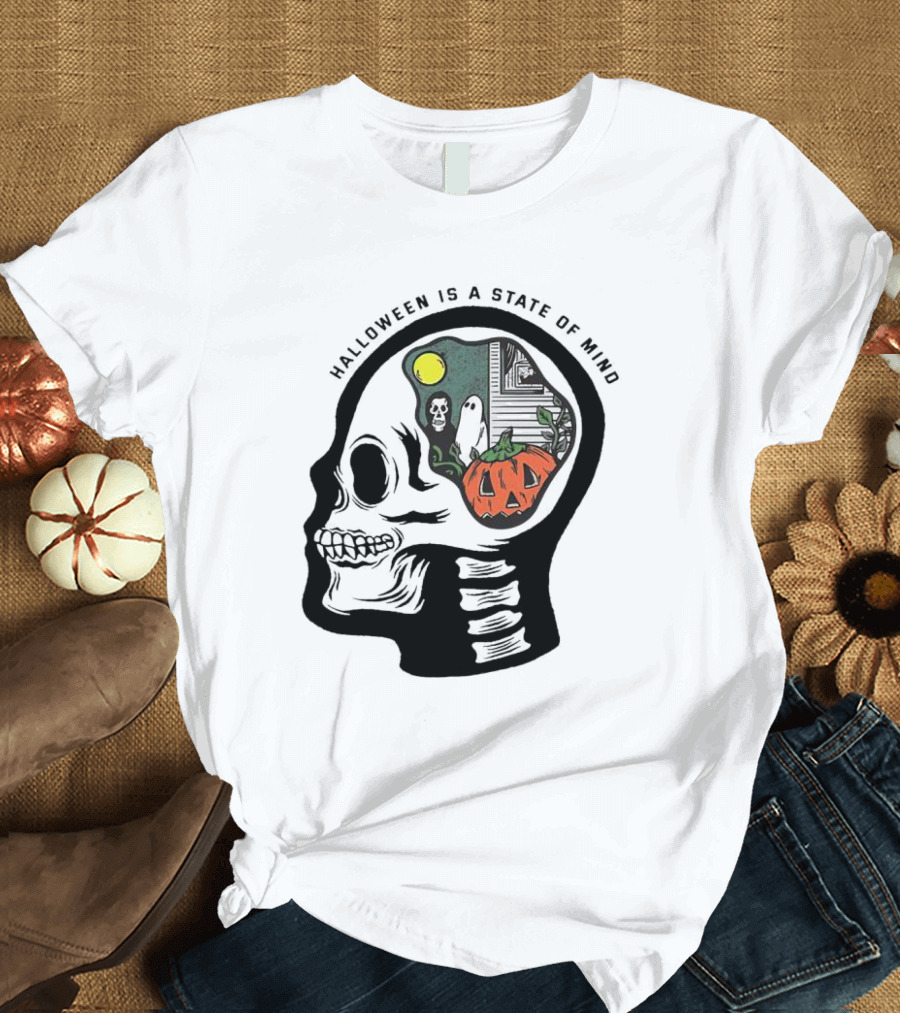 Halloween is a State of Mind Skull with Pumpkin and Ghosts T-Shirt