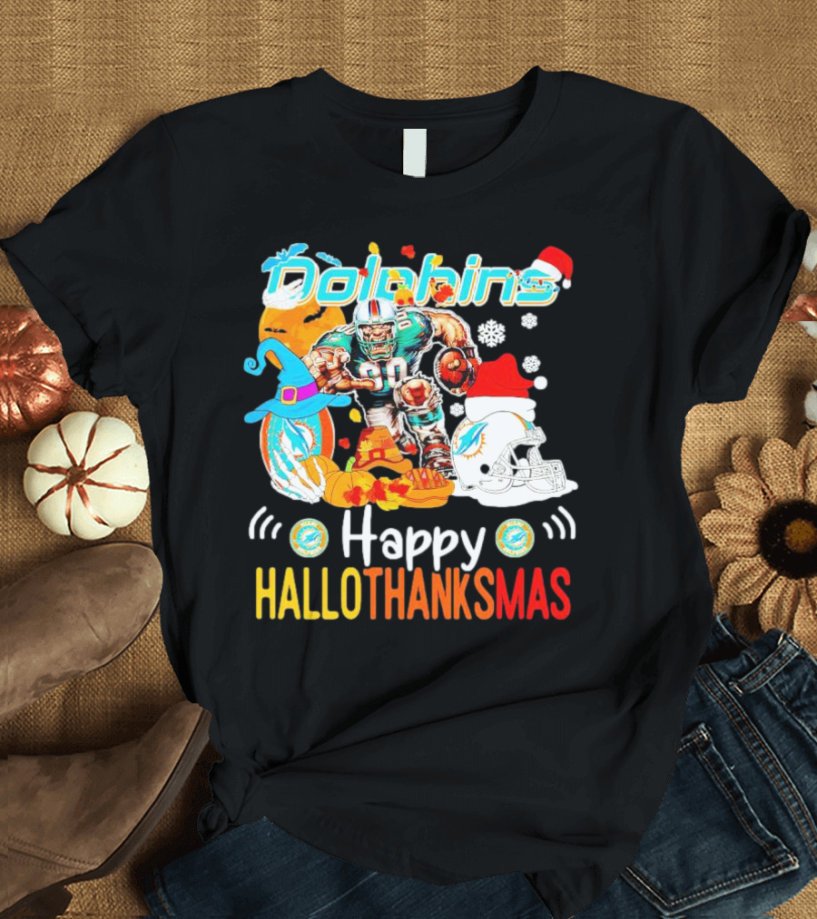 Miami Dolphins Mascot Happy Hallothanksmas Football Festive T-Shirt