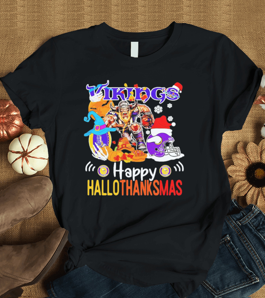 Vikings Mascot Happy Hallothanksmas Festive Football T-Shirt