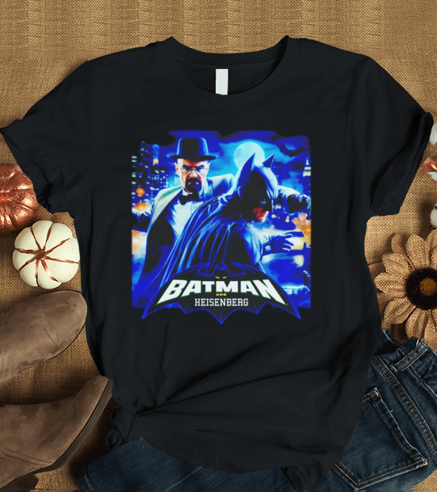 Batman and Heisenberg Walter White Cartoon Duo in Gotham City T-Shirt