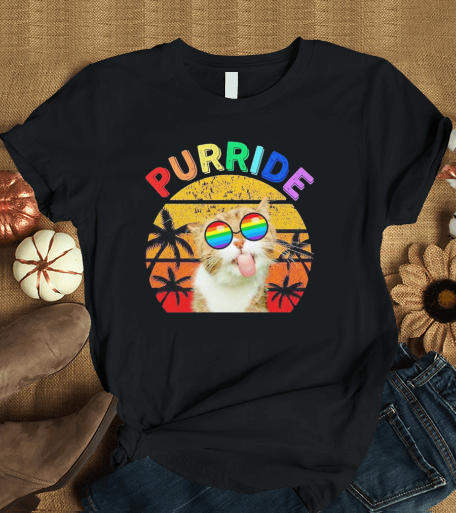 Purride Cat Tongue Out Rainbow Sunglasses Palm Trees Vintage Sunset T-Shirt