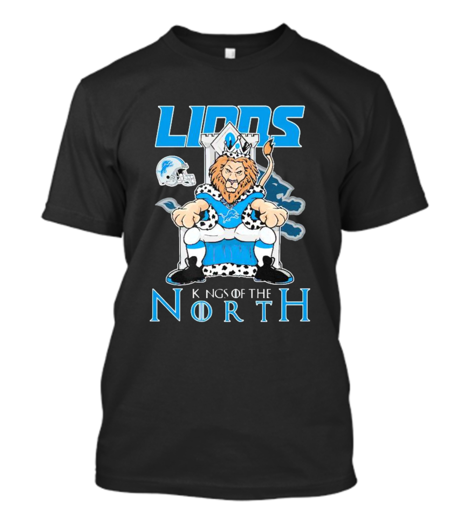 Detroit Lions Kings Of The North Mascot Roaring On Throne With Helmet T-Shirt