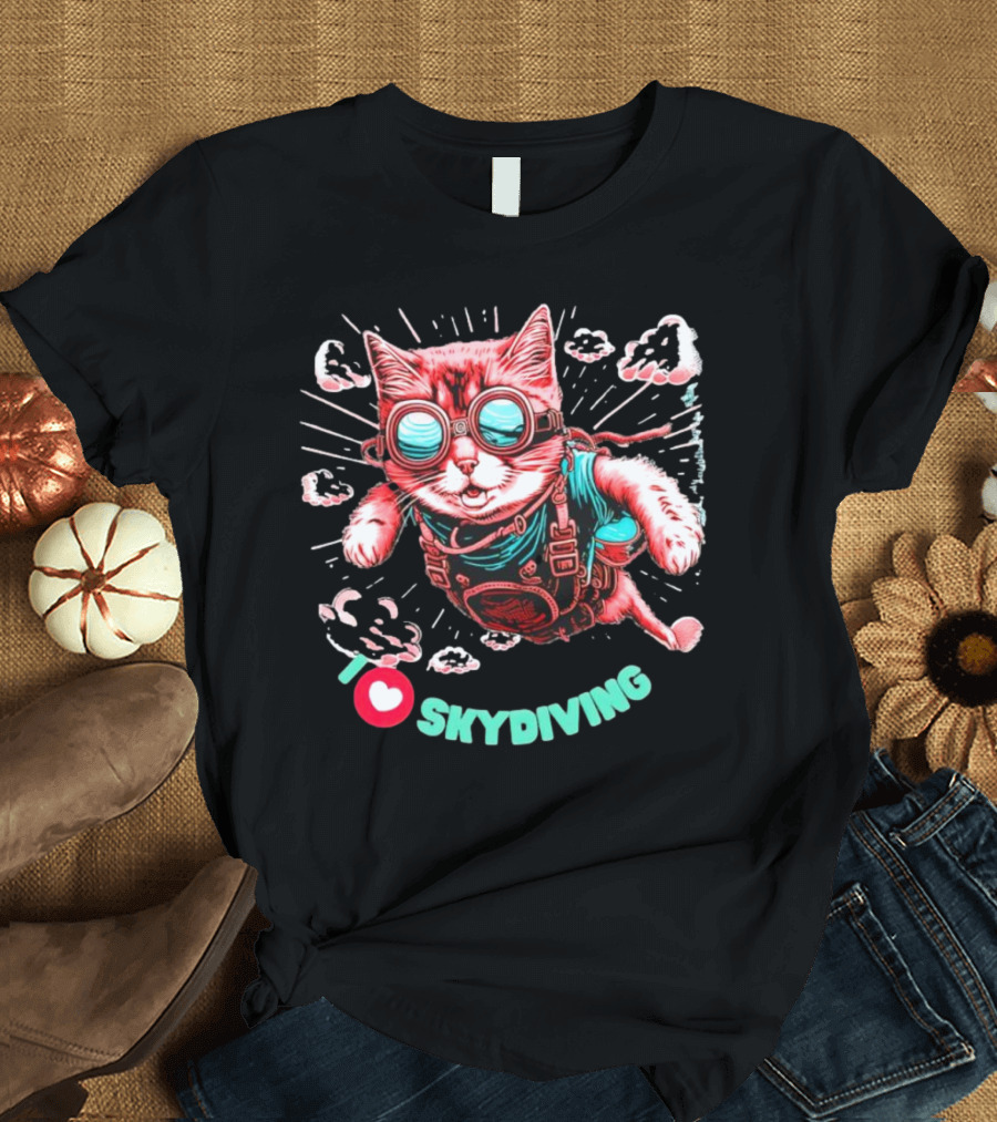 I Love Skydiving Cat with Goggles and Clouds T-Shirt