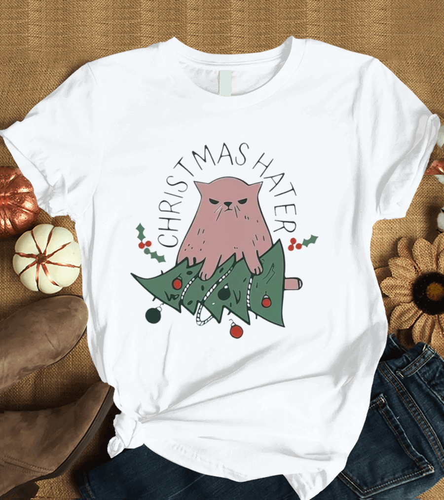 Christmas Hater Angry Cat with Broken Tree and Holly Decorations T-Shirt