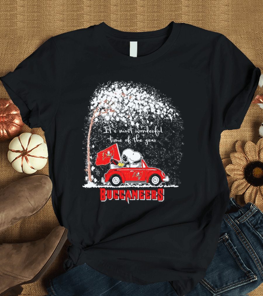 Snoopy and Woodstock Buccaneers It's Most Wonderful Time of the Year Winter Scene T-Shirt