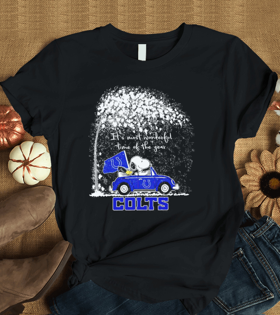 Snoopy and Woodstock Colts It's Most Wonderful Time of the Year Winter Car Scene T-Shirt