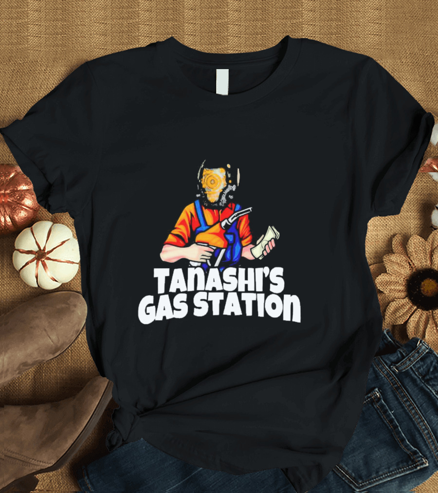 TANASHI’S GAS STATION ATTENDANT WITH RETRO HELMET AND ORANGE UNIFORM HOLDING FUEL PUMP AND MONEY T-Shirt