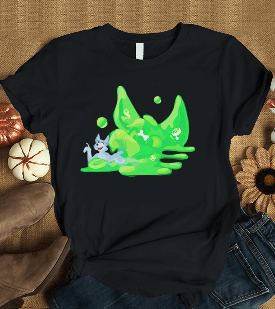 Gelatinous Dog Cartoon Slime with Playful Grey Pup and Green Ooze T-Shirt
