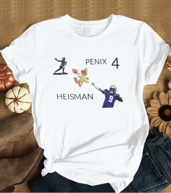 T-Shirt: Penix 4 Heisman Football Player Number 9 with Trophy and Mascot Image T-Shirt Penix 4 Heisman Football Player Number 9 with Trophy and Mascot Image T-Shirt