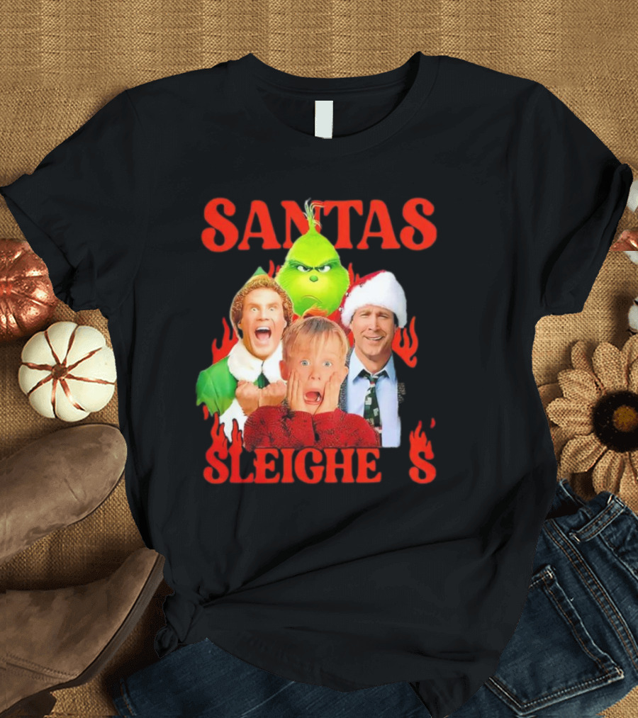 Santas Sleighers Christmas Rock Tour Featuring Iconic Holiday Characters T-Shirt