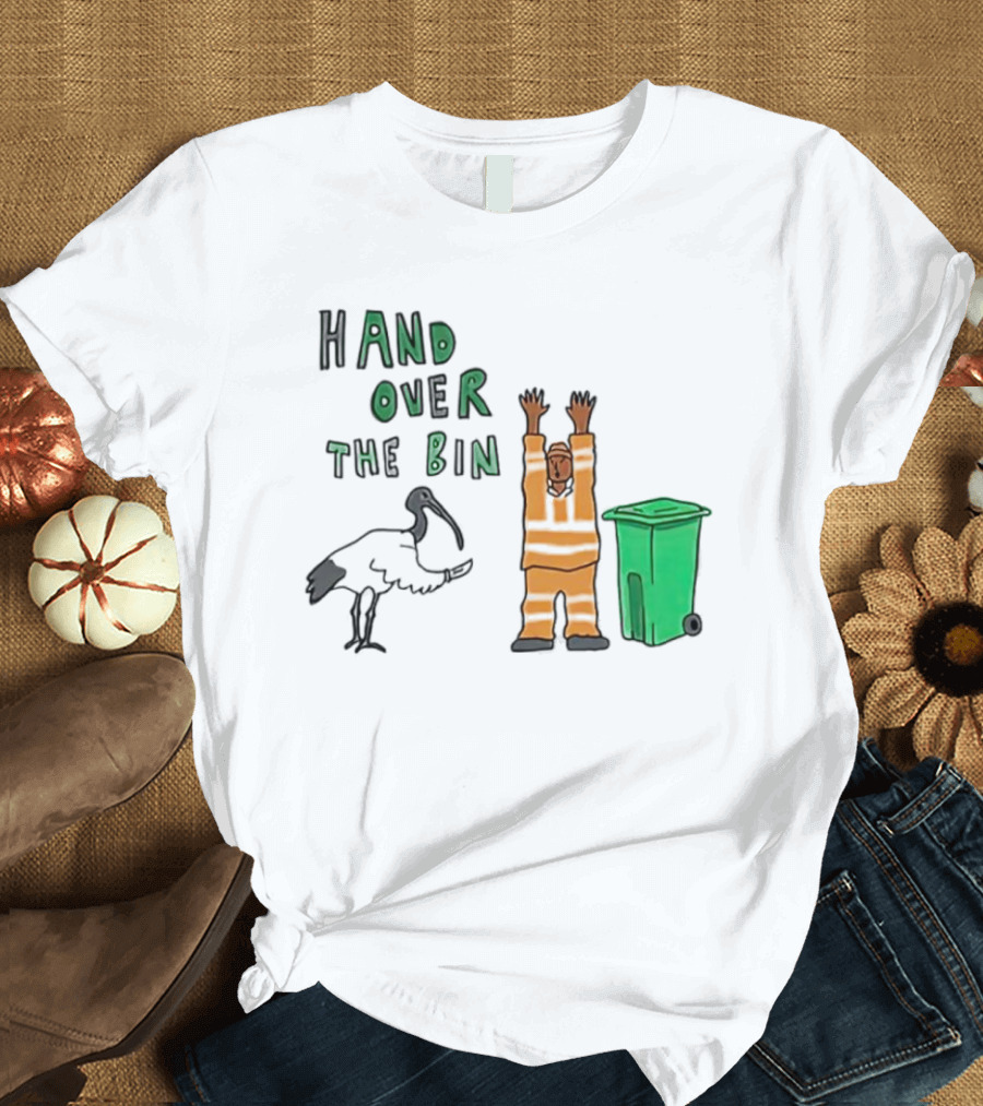 Hand Over the Bin Garbage Collector and Bird Cartoon Scene T-Shirt