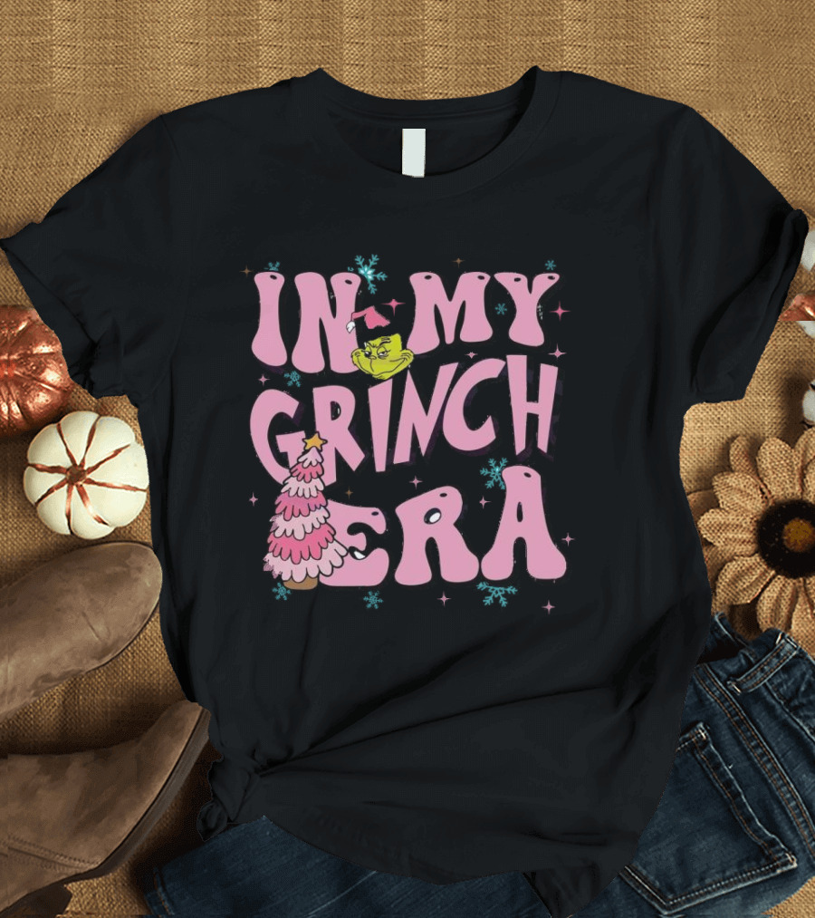 In My Grinch Era Pink Christmas Tree with Green Face and Santa Hat T-Shirt