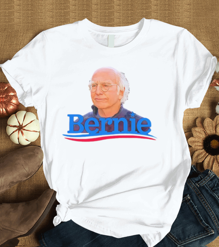 Bernie Larry David Parody with Blue Lettering and Red Stripe T-Shirt