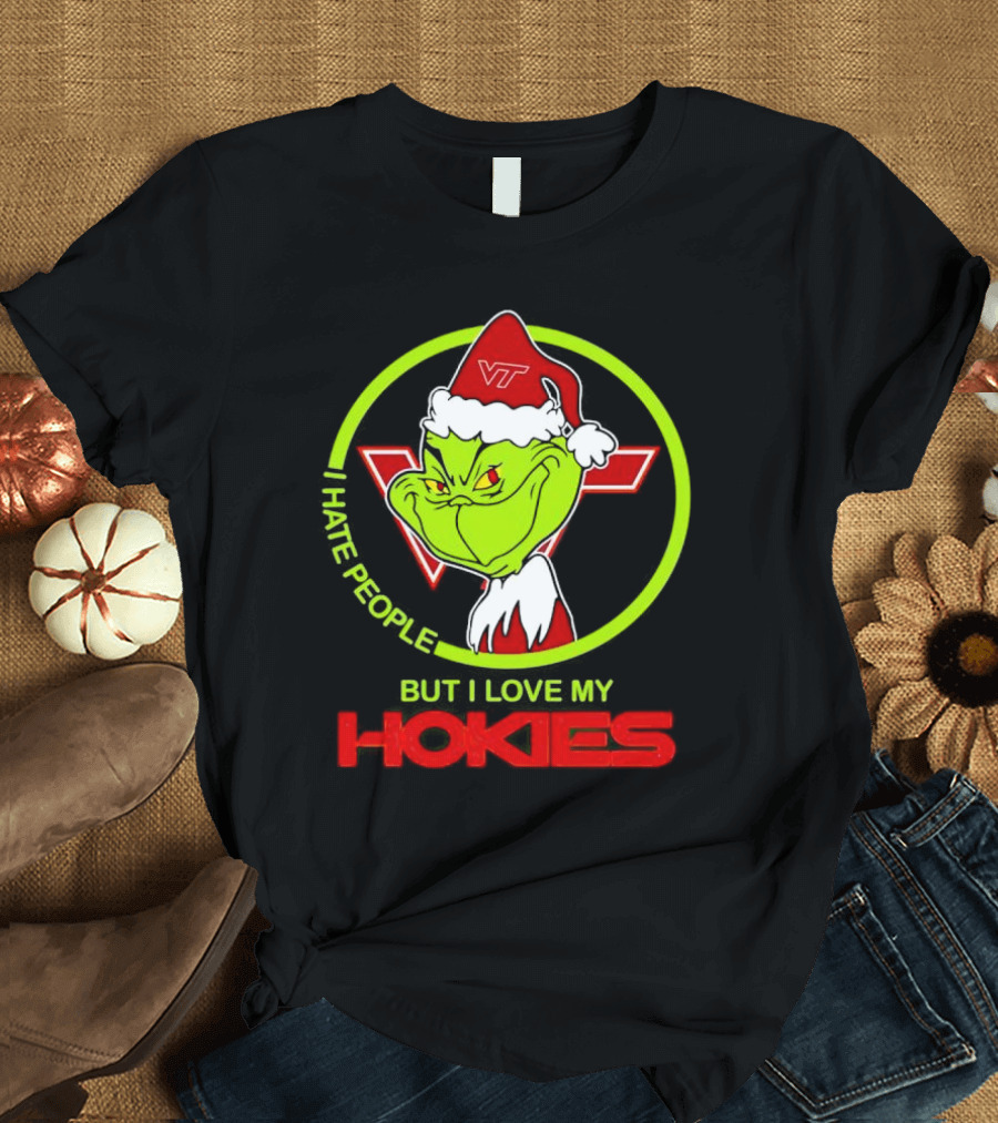 I Hate People Grinch Loves Hokies Christmas VT Santa Hat T-Shirt