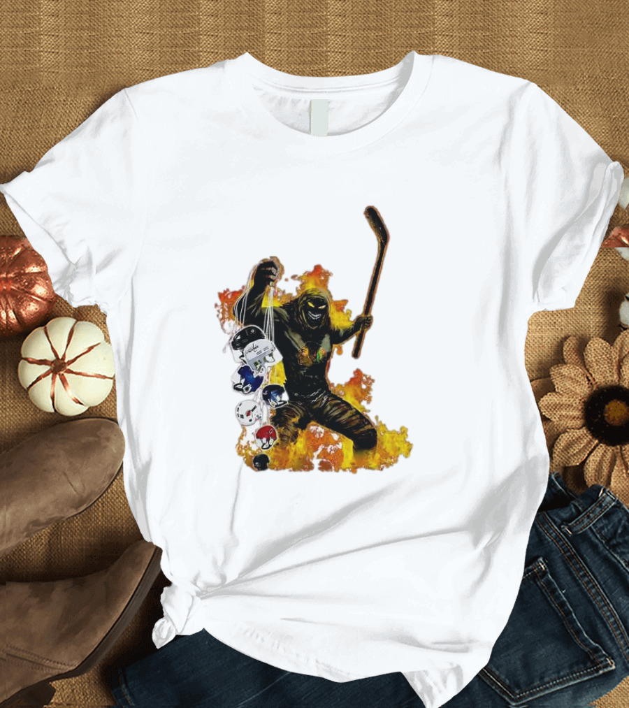 Evil Fire Hockey Player Holding Chicago Blackhawks and NHL Helmets T-Shirt