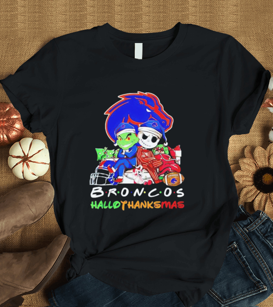 Broncos HalloThanksMas Grinch and Jack Skellington Friends T-Shirt