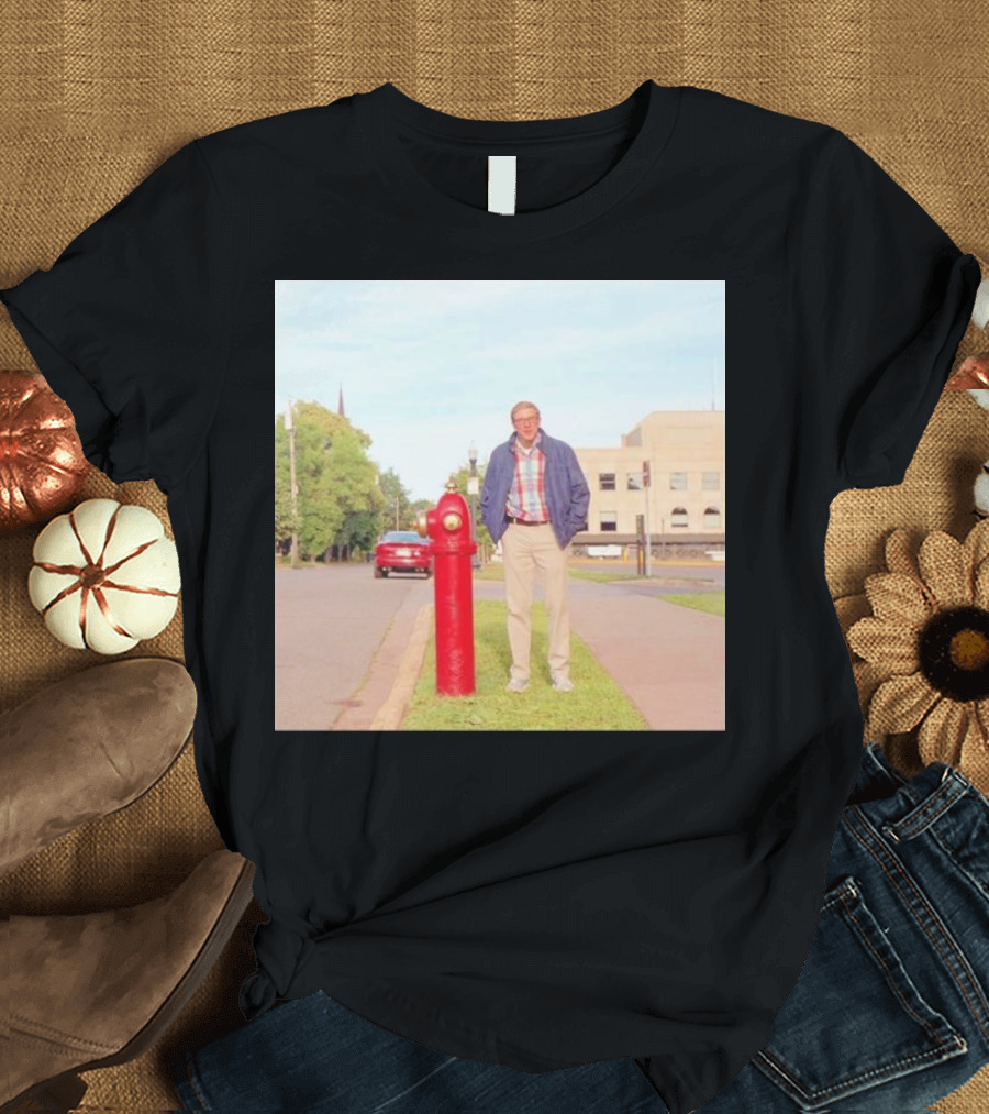Joe Pera Next to Red Fire Hydrant on Street with Red Car in Background T-Shirt