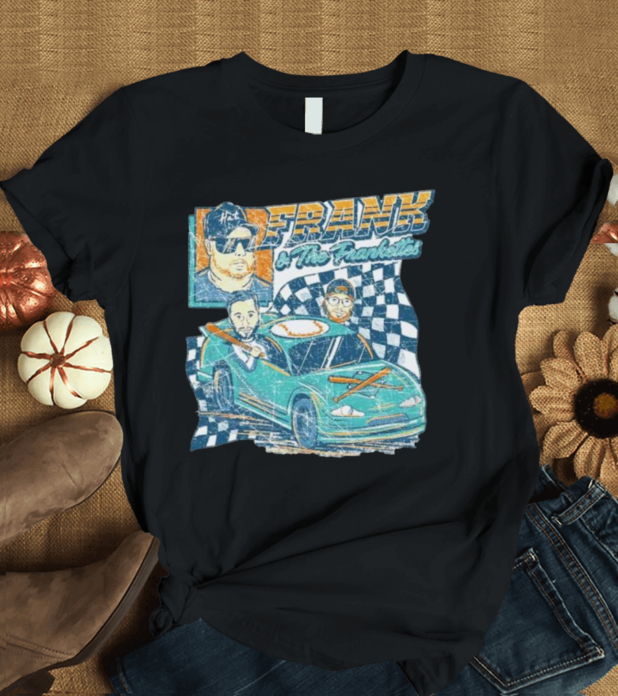 Frank and the Frankettes Racing Car Adventure with Checkered Flags and Cartoon Characters T-Shirt