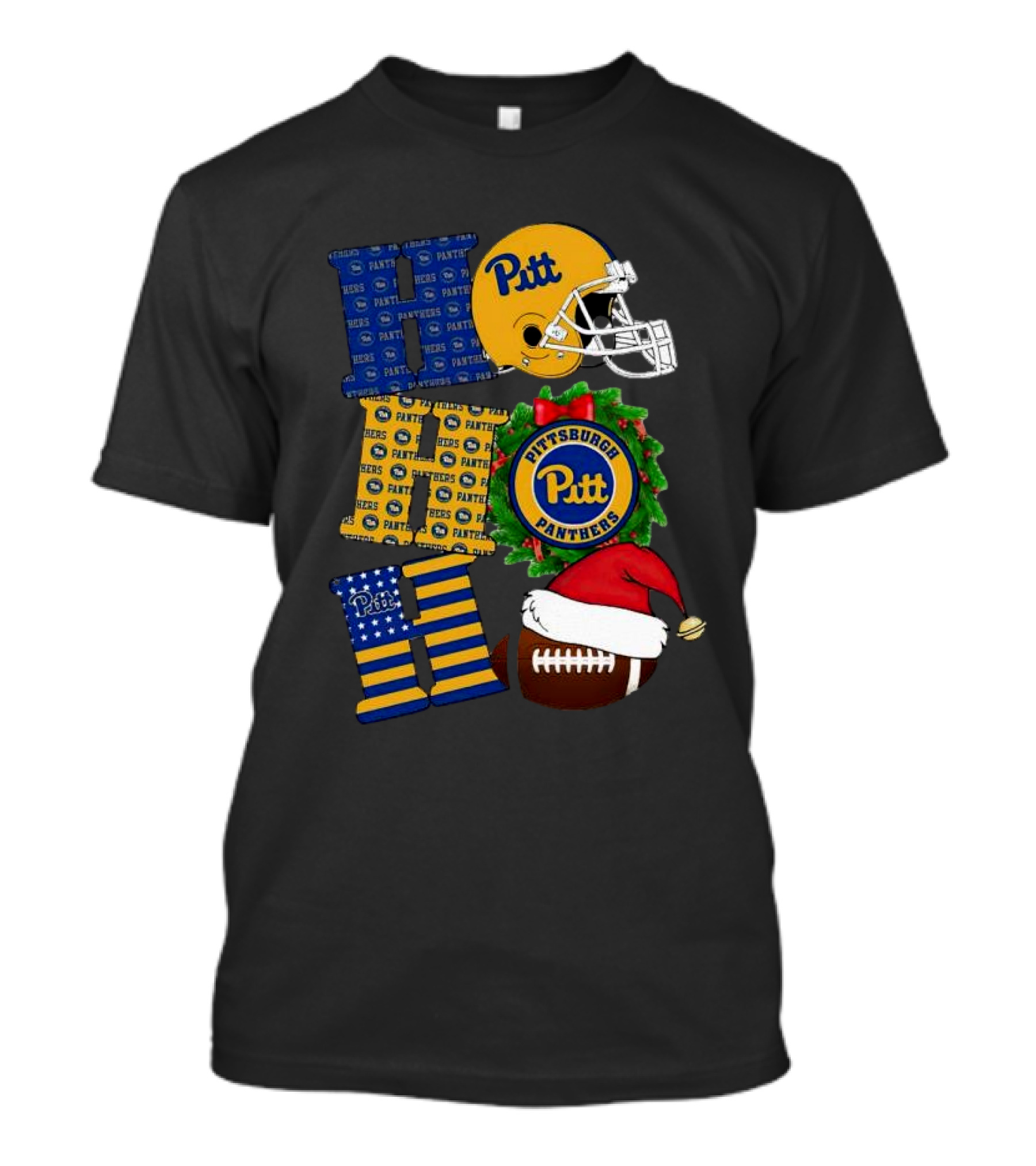 Pitt Panthers Christmas Helmet Wreath Football Ho Ho Ho T-Shirt