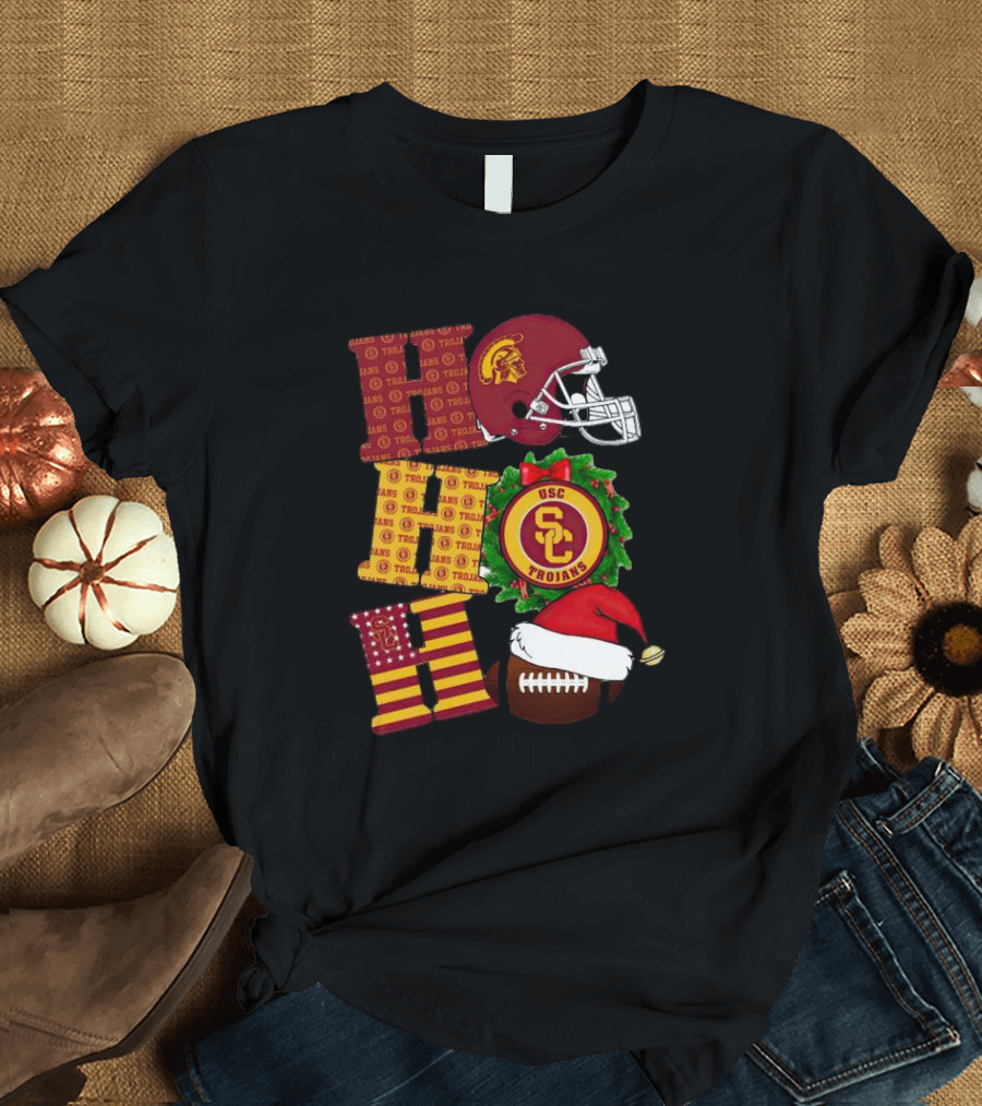 USC Trojans Ho Ho Ho Christmas Helmet Wreath Football Santa Hat T-Shirt