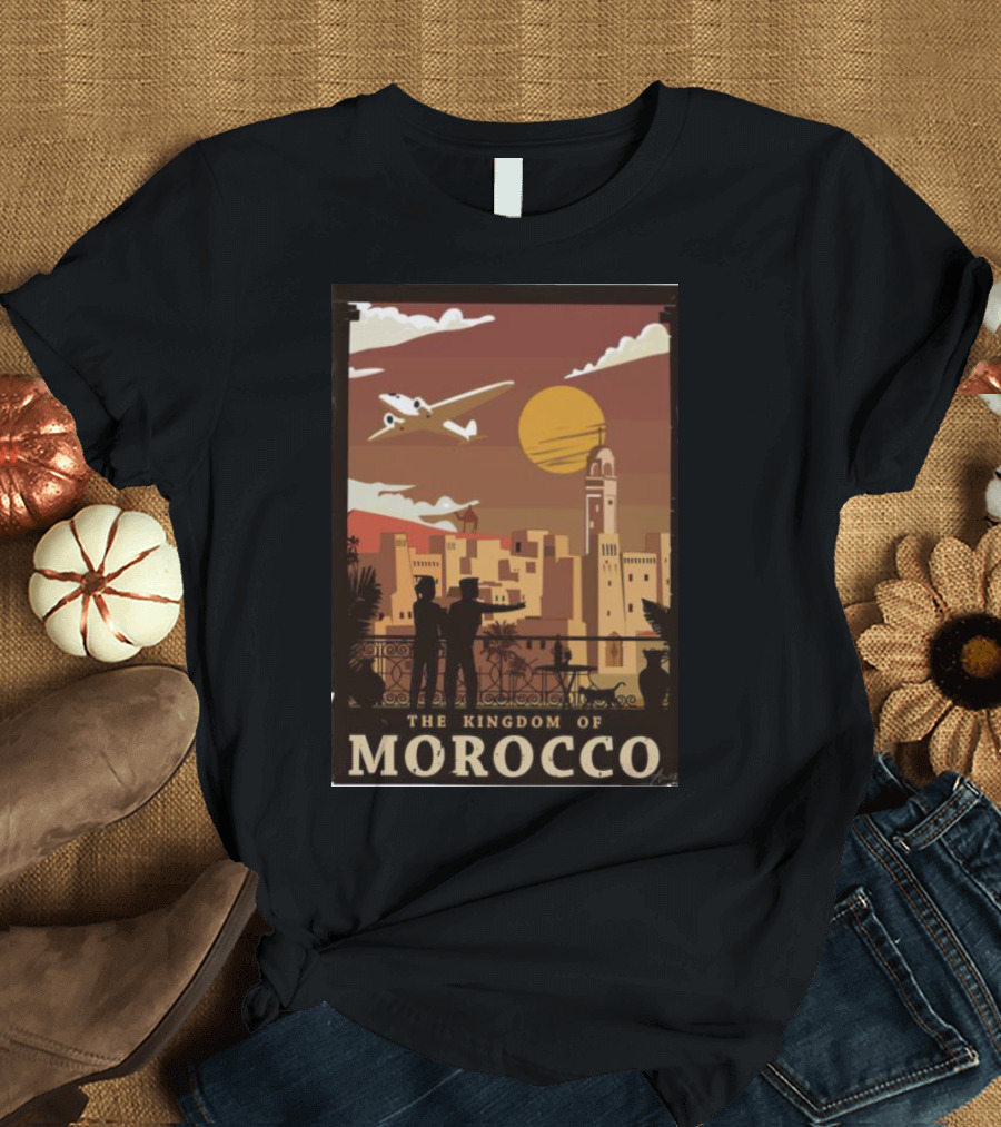The Kingdom of Morocco Skyline View with Airplane and Sunset Scene T-Shirt