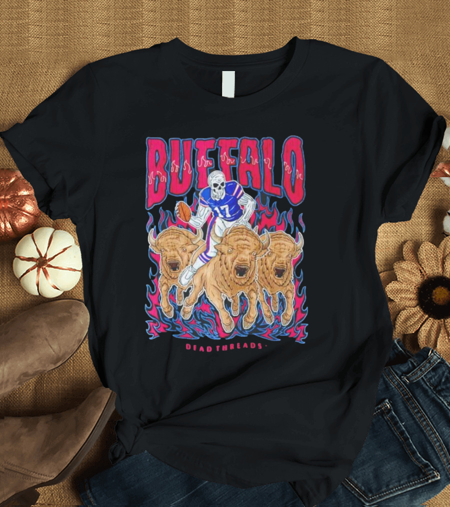 Buffalo Football Dead Threads Skeleton Quarterback Riding Buffalos T-Shirt