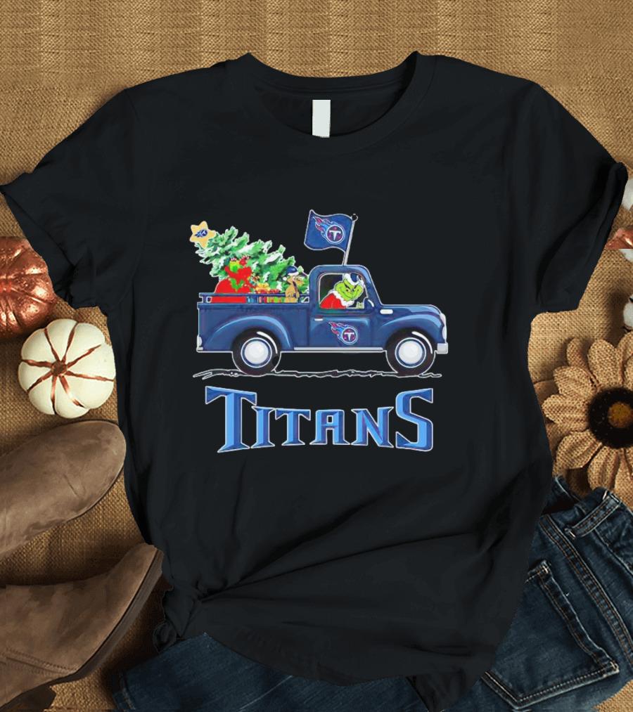 Grinch Driving Christmas Tree Truck Tennessee Titans Holiday Spirit T-Shirt