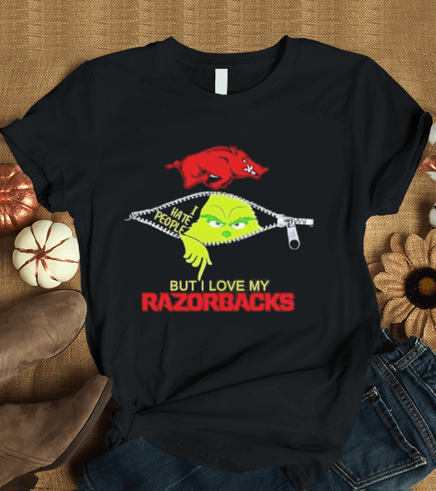 Grinch Zipper I Hate People But I Love My Razorbacks Arkansas Razorbacks T-Shirt