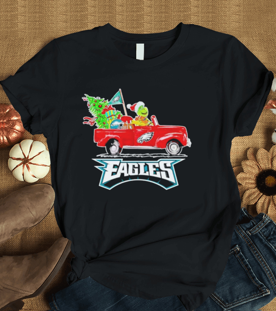 Grinch Dog Driving Red Truck Philadelphia Eagles Christmas Tree T-Shirt