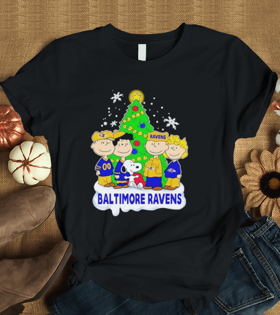 Baltimore Ravens Christmas Tree with Peanuts Characters T-Shirt