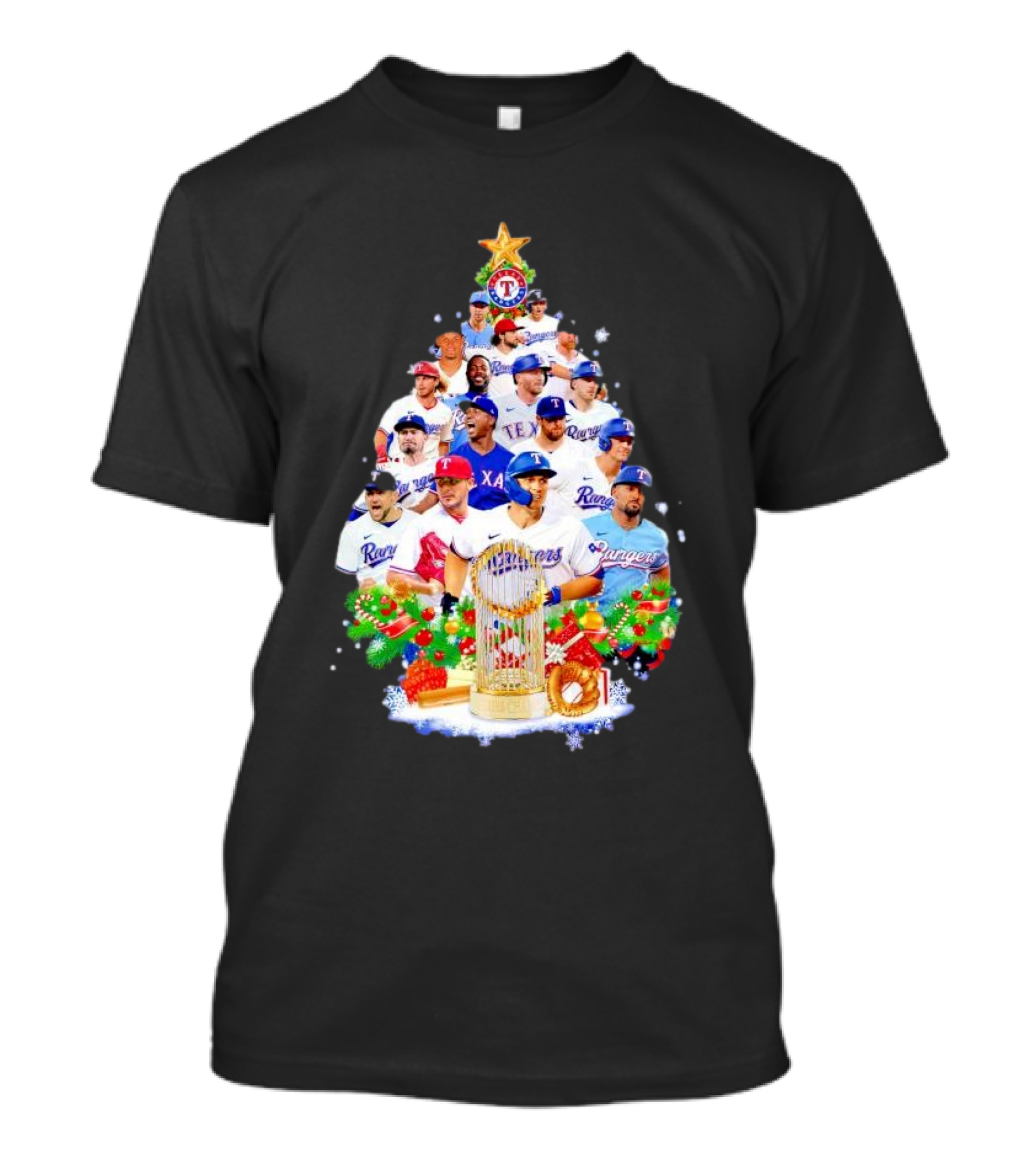 Texas Rangers Players Christmas Tree With Trophy And Ornaments T-Shirt
