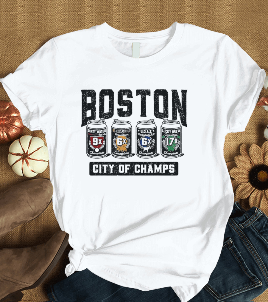 Boston City of Champs Dirty Water Run and Gold G.O.A.T. Lucky Brew Champions 4-Pack T-Shirt