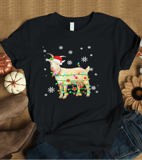 T-Shirt: Goat Wrapped in Christmas Lights with Santa Hat and Snowflakes T-Shirt Goat Wrapped in Christmas Lights with Santa Hat and Snowflakes T-Shirt